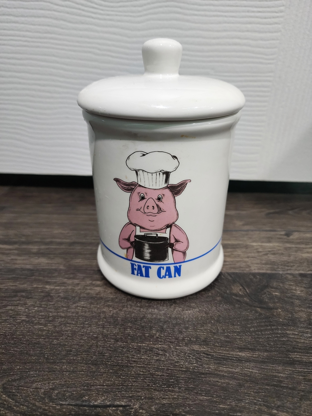Vintage Pig Fat Can Grease Jar with Lid, 1989 Bandwagon Ceramic Canister Pot 7"